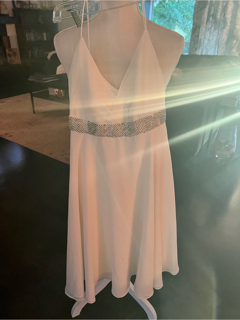 Ivory Beaded-Waist Spaghetti-Strap Midi Dress